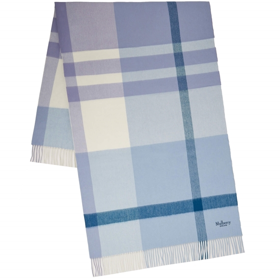 Mulberry Large Check Merino Wool Scarf Poplin Blue & White